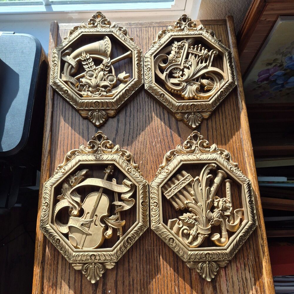 HOMCO Set 4 Gold Ornate Musical Instrument Plaques Decor USA Made Vintage 1970s